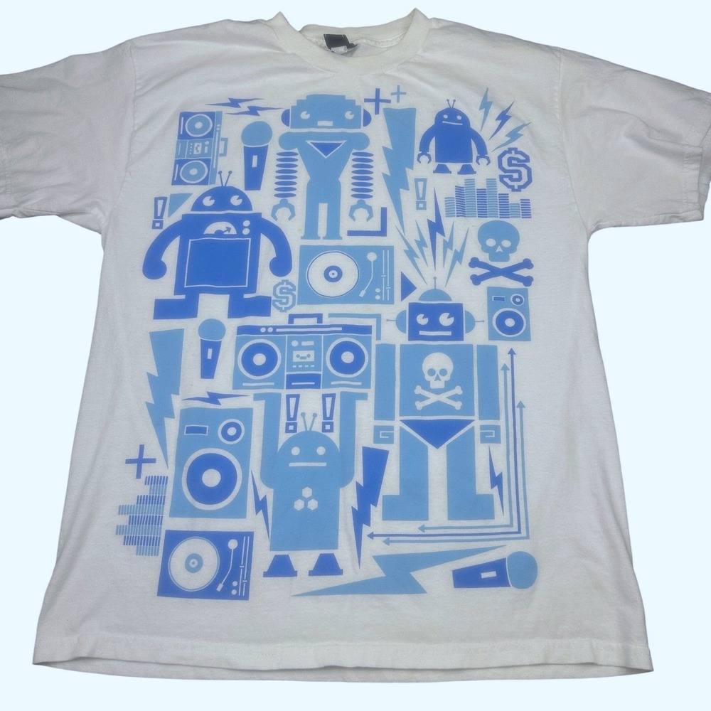 Hysteric Glamour Mens Robot Boombox Graphic T-Shirt Large White Blue Streetwear